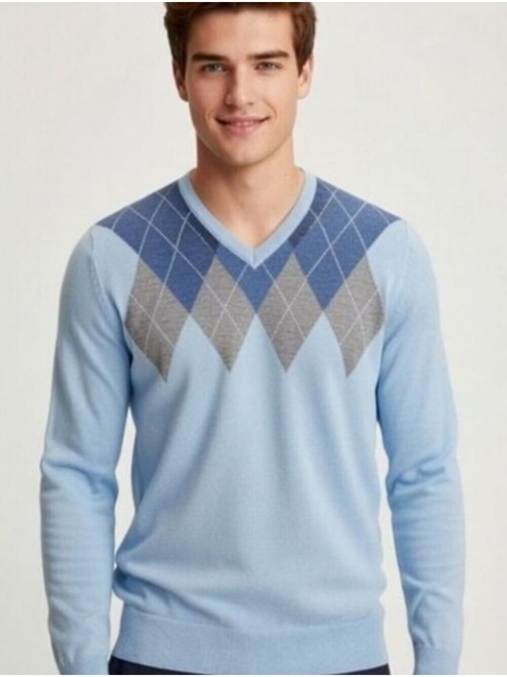 INC International Concepts  Blend V Neck Argyle Diamond Light Blue Sweater XXL